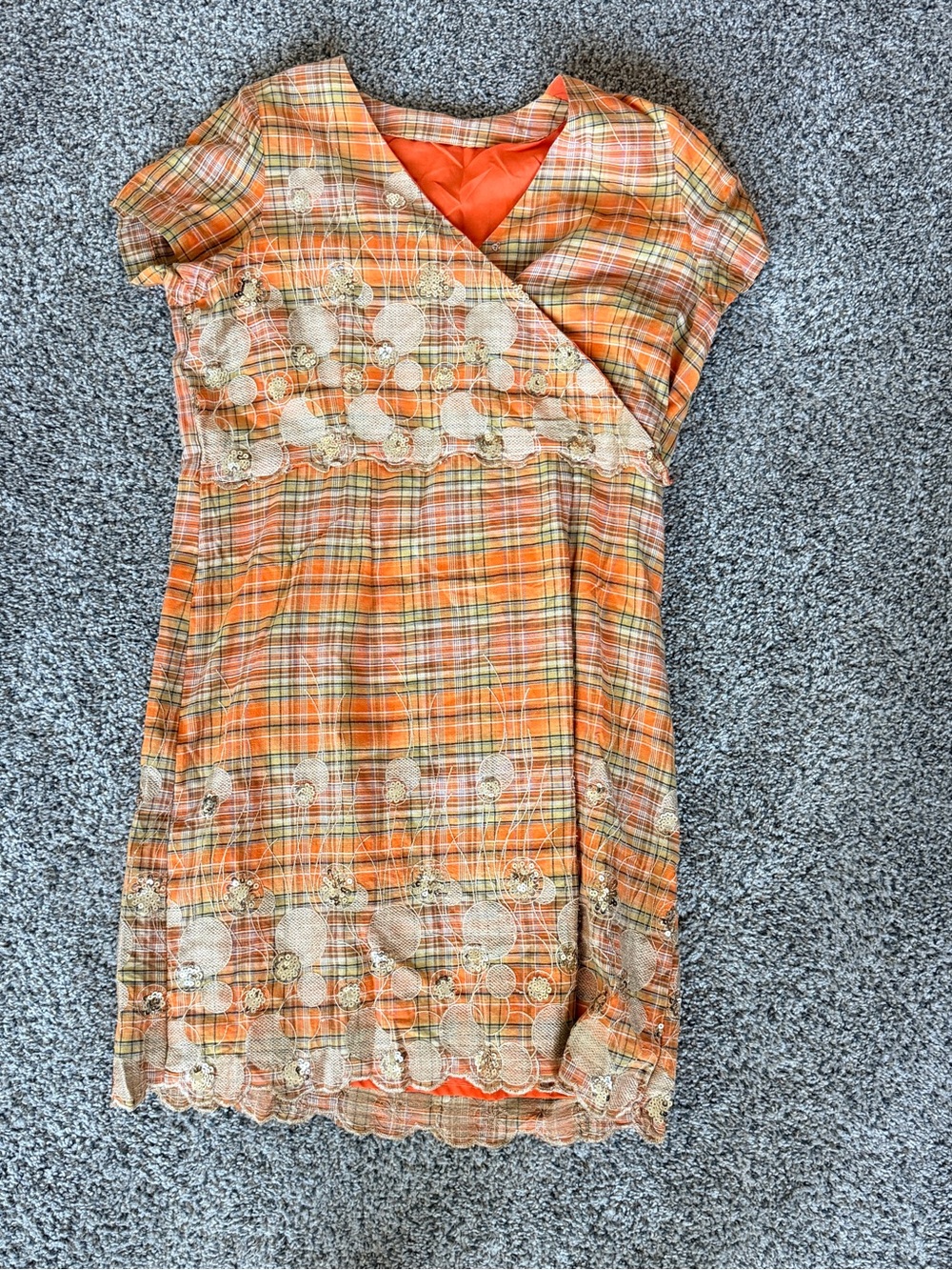 Women’s Cozy Autumn Orange Plaid Lace-Trim Dress